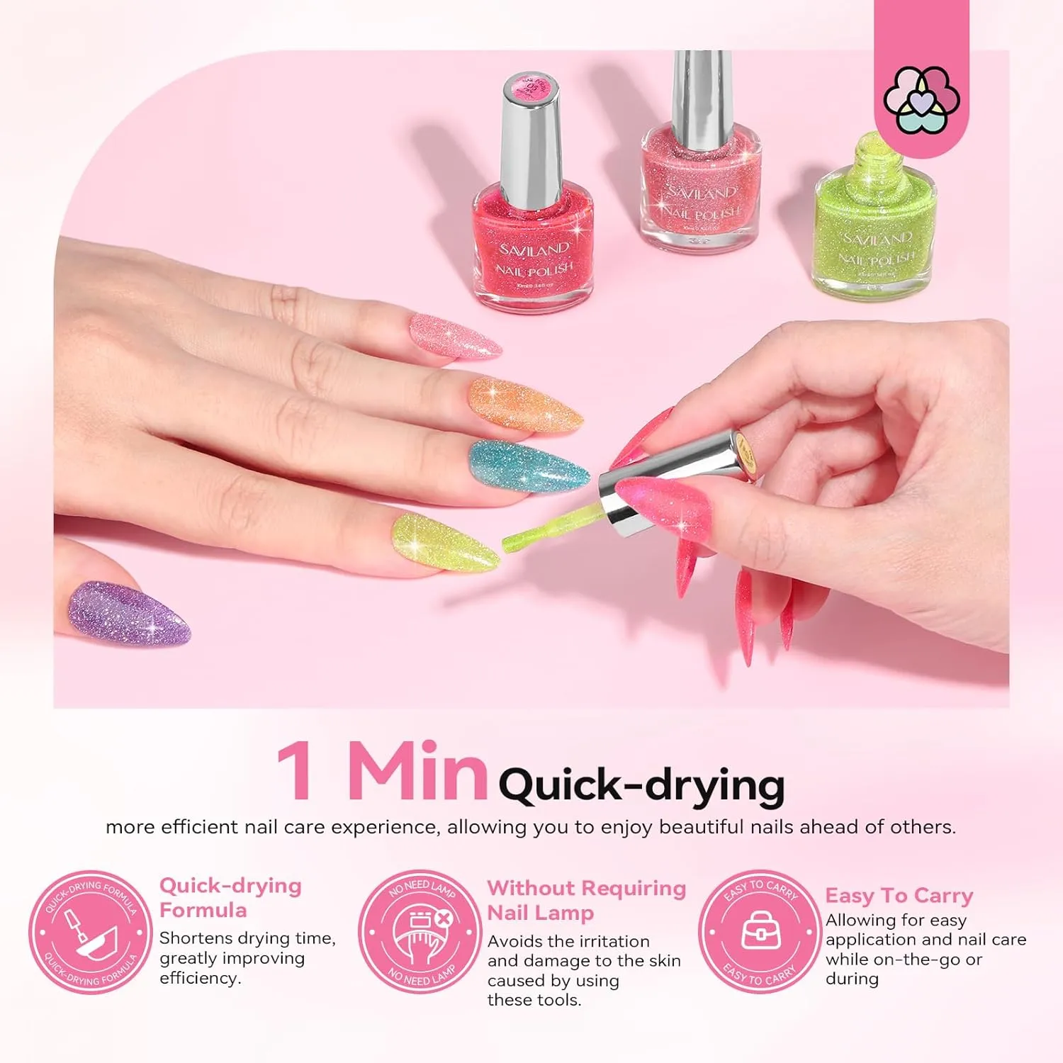 SAVILAND Glitter Nail Polish Set: Air Quick Dry Nail Polish Non Gel with Base-Top Polish Dual Unique Shimmer Holographic Nail Lacquer Gift for Beginner Fingernail Toenail Manicure Art 12 Color
