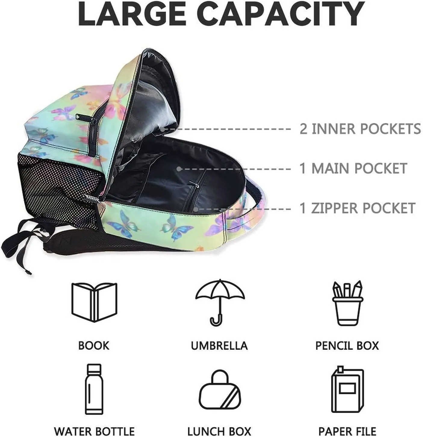 School Backpack for Girls, 17 Inch Colorful Butterfly Backpacks for Women, Cute Lightweight Bookbag