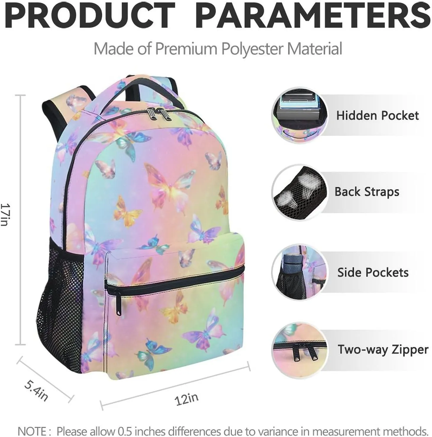 School Backpack for Girls, 17 Inch Colorful Butterfly Backpacks for Women, Cute Lightweight Bookbag