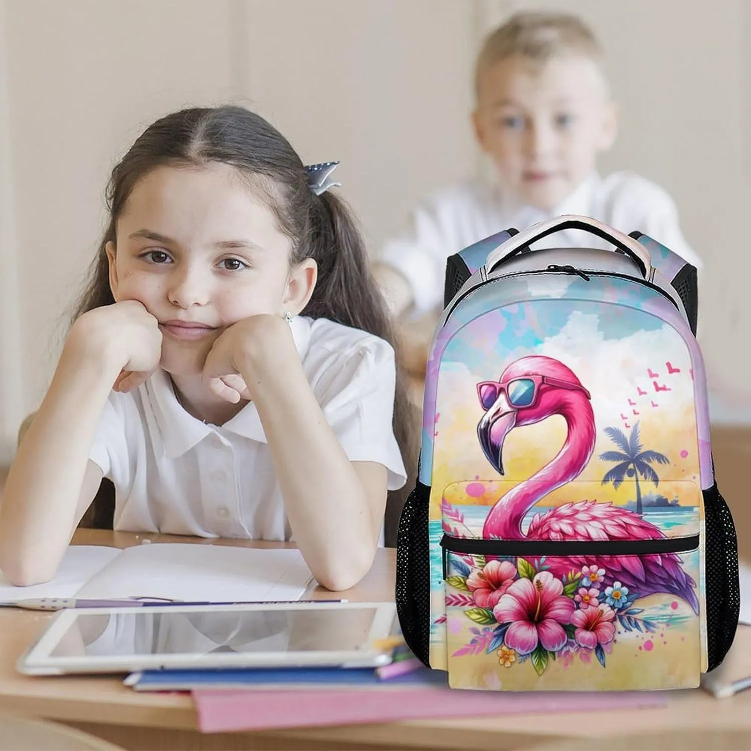 School Backpack for Girls - 17 Inch Large Capacity Aesthetic Kid Backpack - Colorful Durable Flamingo Bookbag for School, Travel and Camp