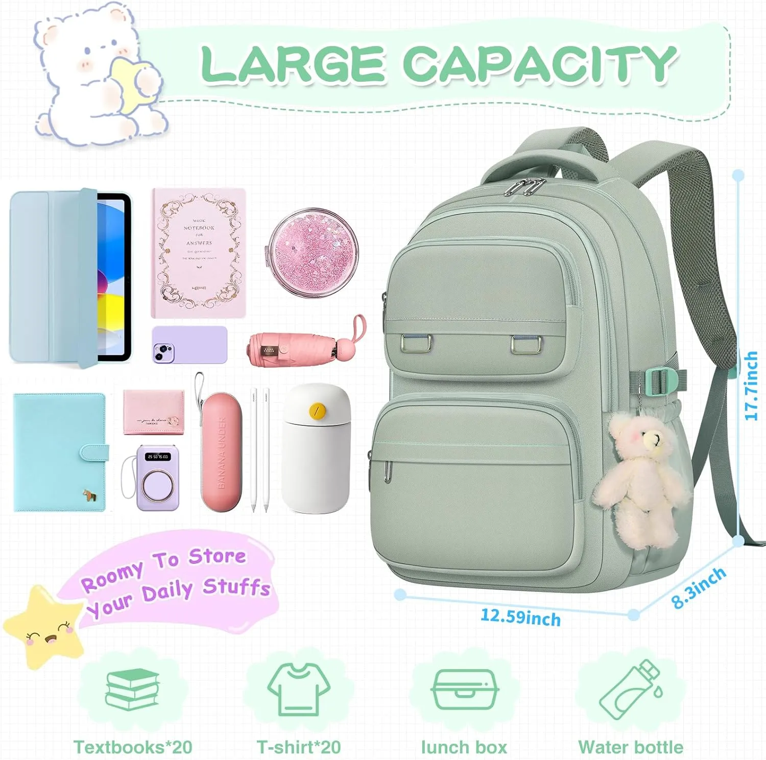 School Backpack for Kids Girls Cute Travel Backapck for College Women Men Casual Laptop Bookbag for Teen Student(Green)