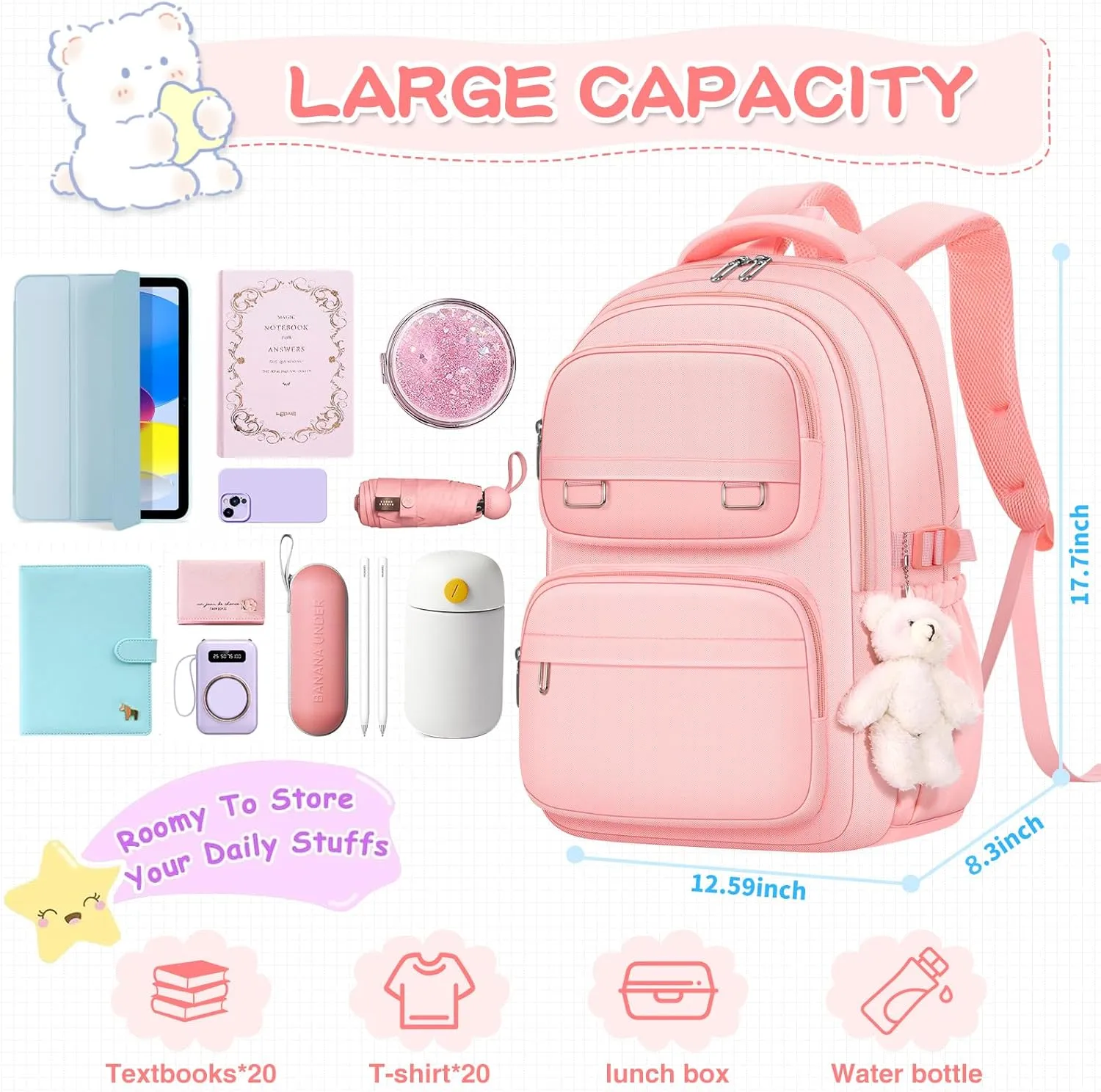 School Backpack for Kids Girls Cute Travel Backapck for College Women Men Casual Laptop Bookbag for Teen Student(Pink)