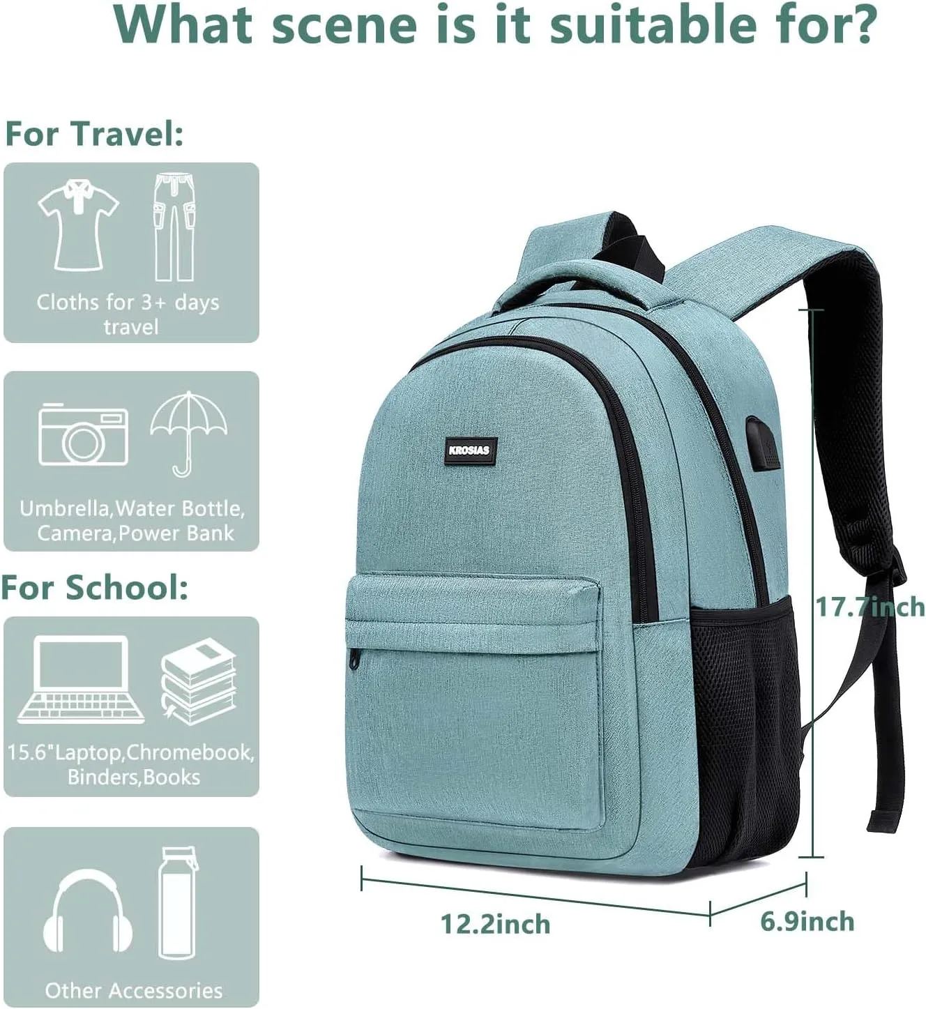 School Backpack for Teen Boys, Backpack for Men and Women 15.6 inch Laptop Backpack Large College Students Bookbag with USB Charging Port & Compartments, Green