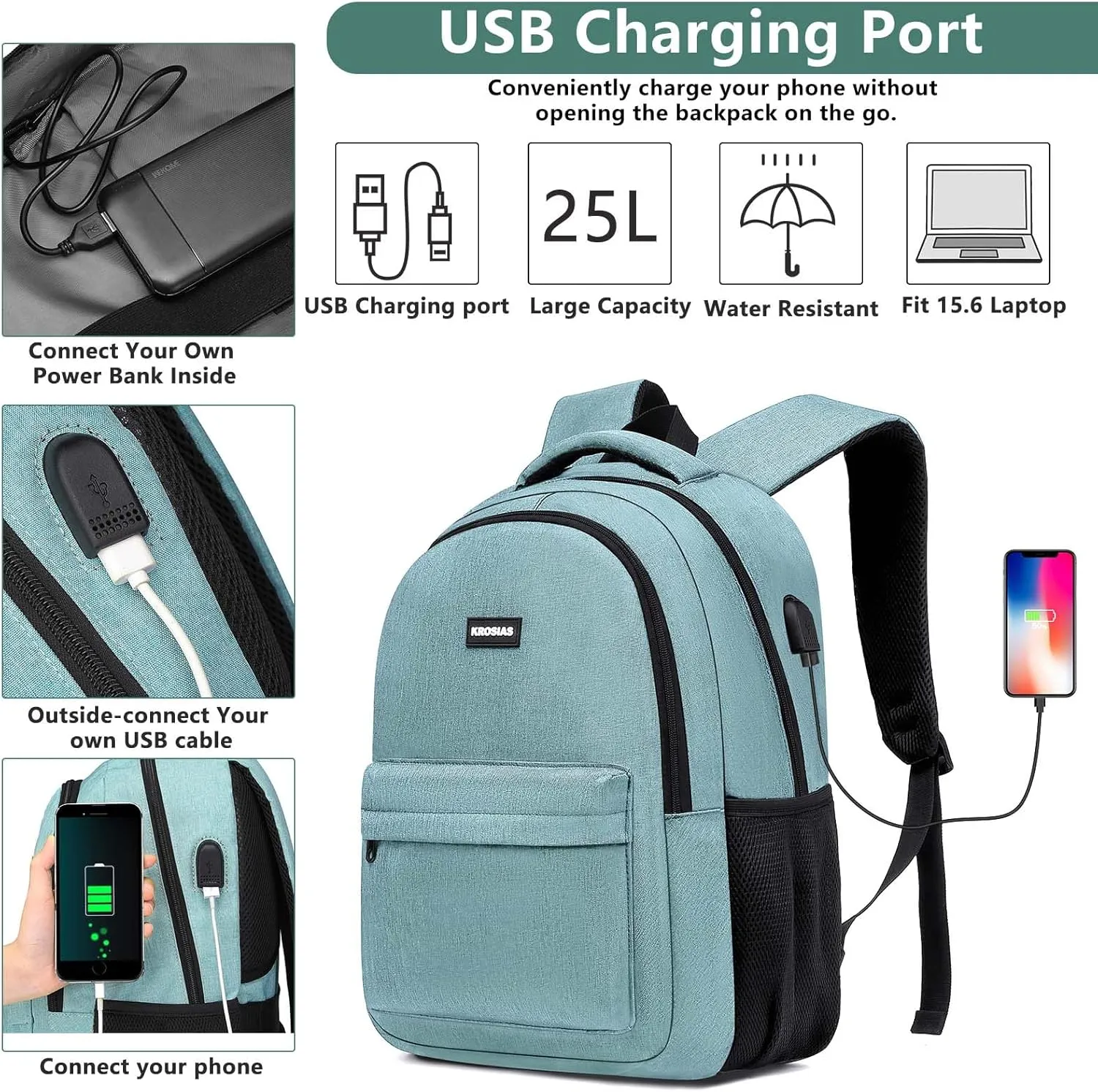 School Backpack for Teen Boys, Backpack for Men and Women 15.6 inch Laptop Backpack Large College Students Bookbag with USB Charging Port & Compartments, Green