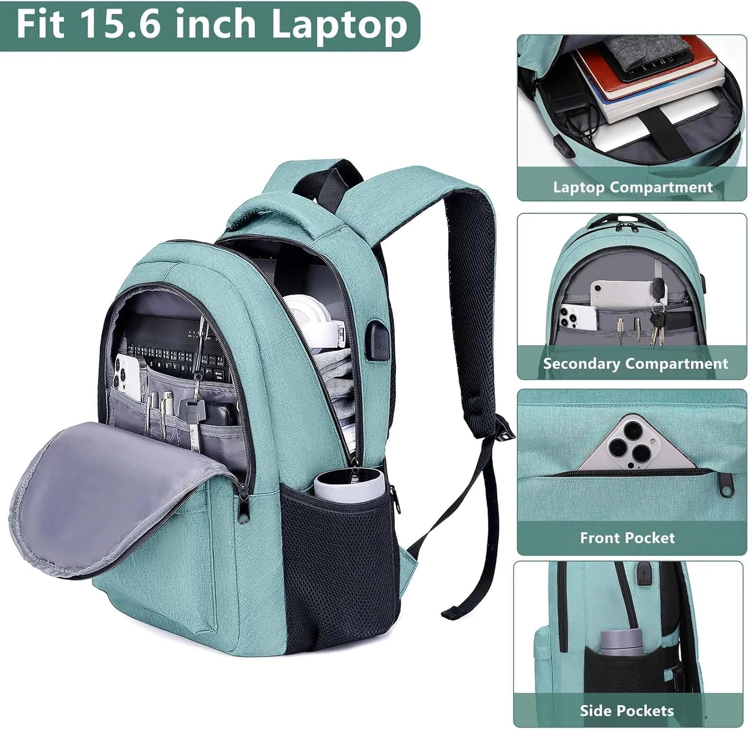 School Backpack for Teen Boys, Backpack for Men and Women 15.6 inch Laptop Backpack Large College Students Bookbag with USB Charging Port & Compartments, Green