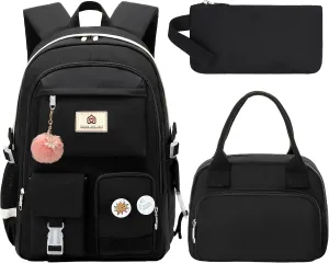 School Backpack for Teen Girls Women College Laptop Backpacks Kids Cute Bookbag Set with Lunch Box Pencil Case Elementary Middle High Campus Bag 3 Pcs Students Bookbags Sets Travel Daypack-Black