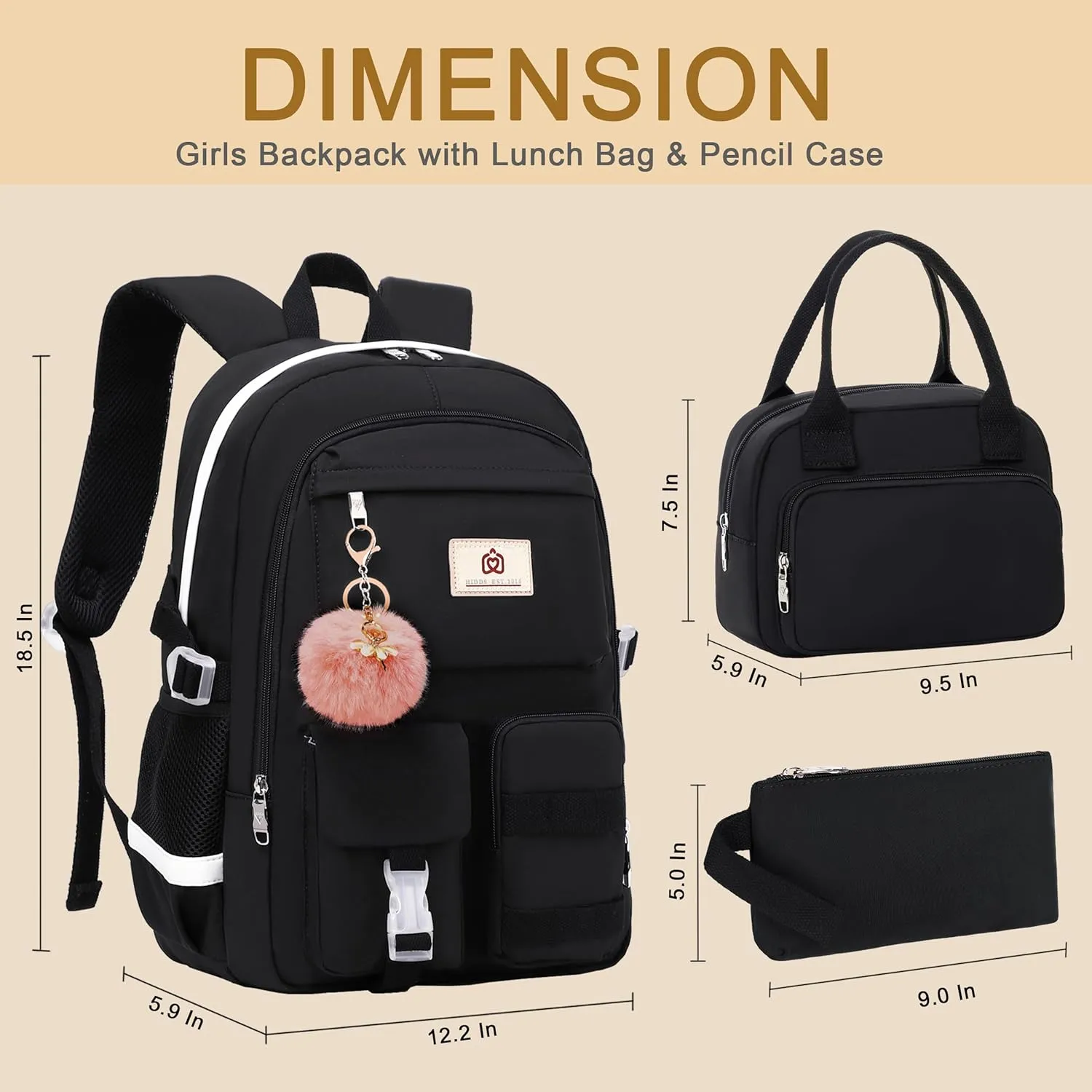 School Backpack for Teen Girls Women College Laptop Backpacks Kids Cute Bookbag Set with Lunch Box Pencil Case Elementary Middle High Campus Bag 3 Pcs Students Bookbags Sets Travel Daypack-Black