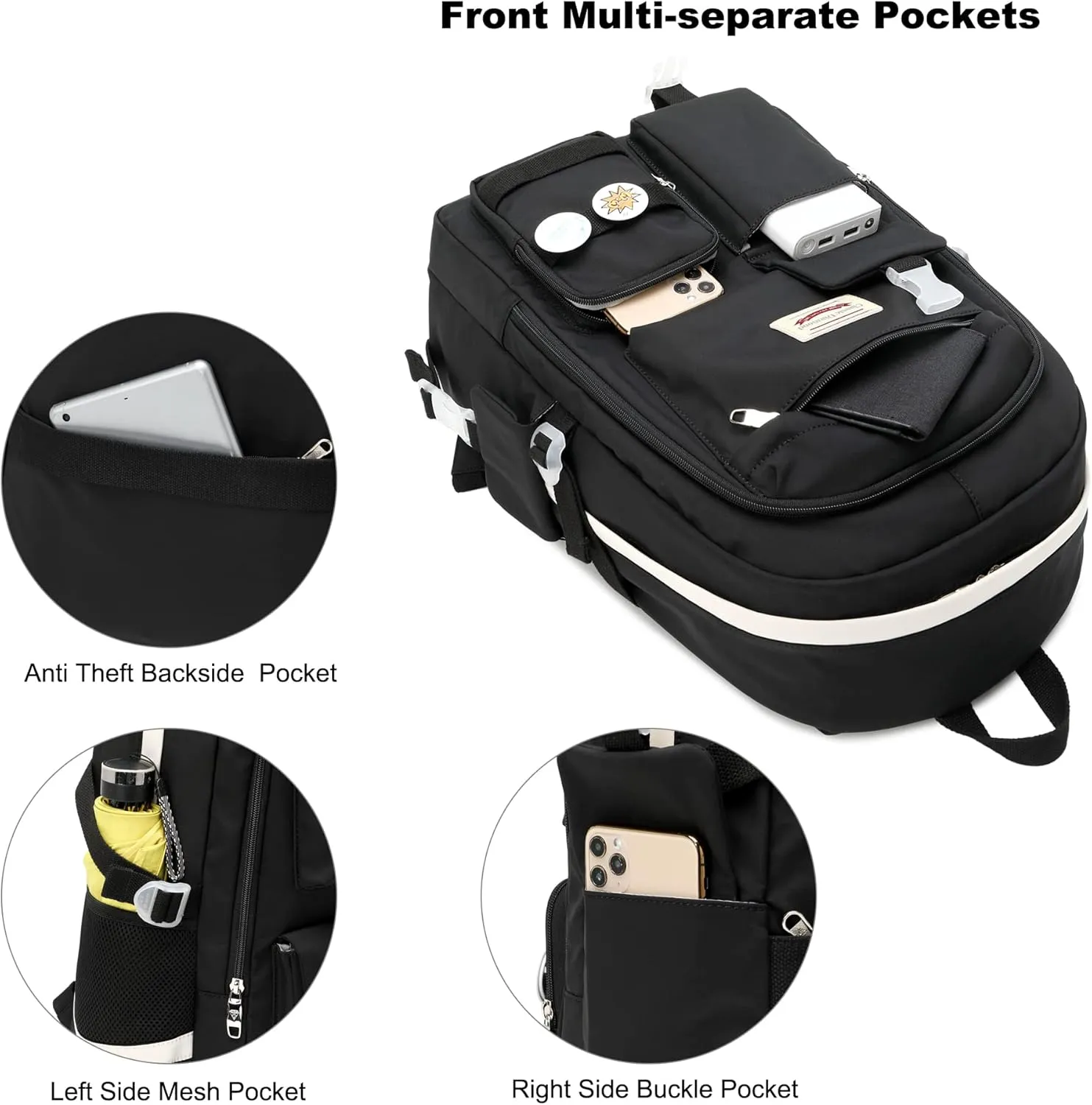 School Backpack for Teen Girls Women College Laptop Backpacks Kids Cute Bookbag Set with Lunch Box Pencil Case Elementary Middle High Campus Bag 3 Pcs Students Bookbags Sets Travel Daypack-Black