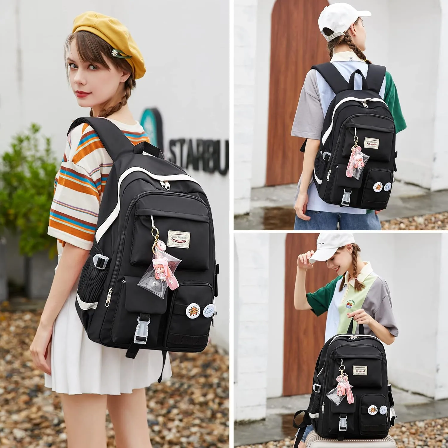 School Backpack for Teen Girls Women College Laptop Backpacks Kids Cute Bookbag Set with Lunch Box Pencil Case Elementary Middle High Campus Bag 3 Pcs Students Bookbags Sets Travel Daypack-Black