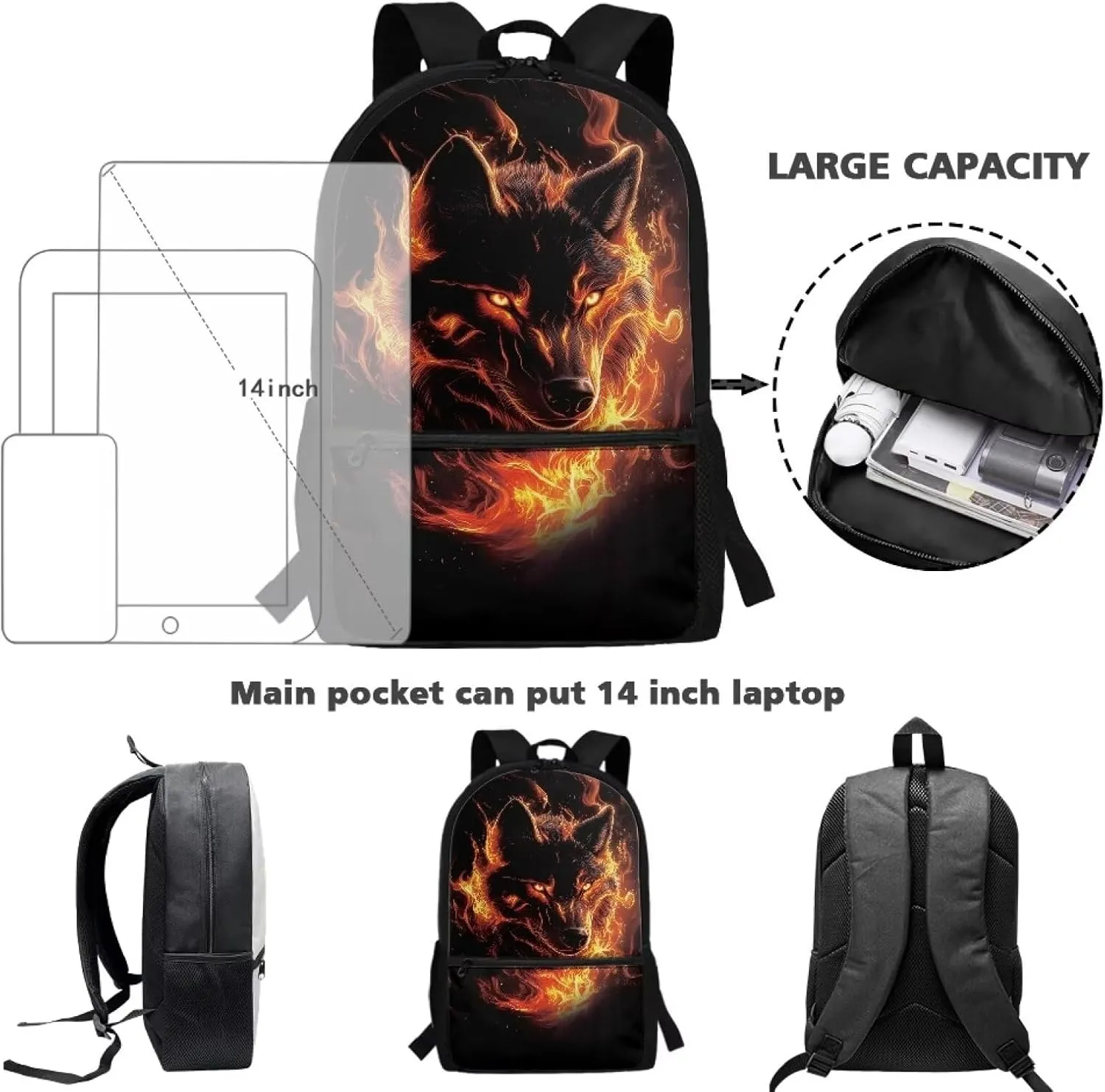 School Backpack for Teens Boys Wolf Classic Backpacks for High School Fire Shoulder Bag with Adjustable Strap School Bag for Women Kids Travel