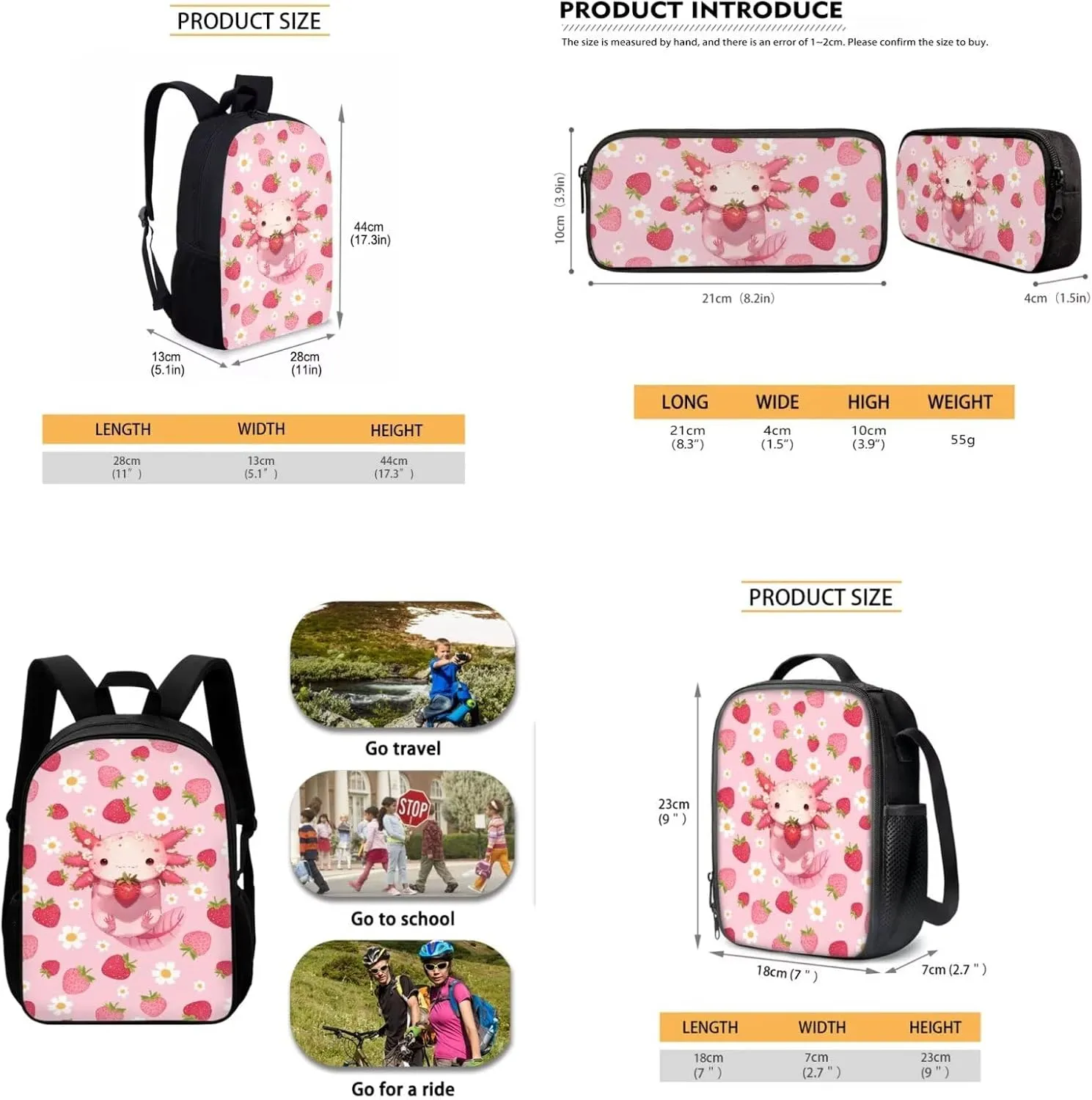 School Backpack Set for Girls Boys, 3Pcs Kids Travel Backpack Bookbag Lunch Box Pencil Pouch Pen Case
