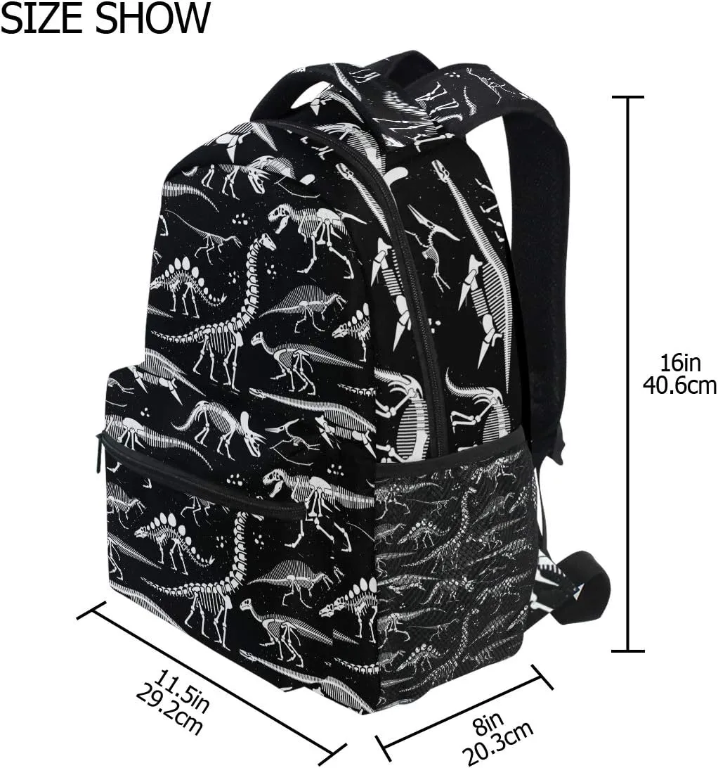 School Backpack White Dinosaur Skeleton Black Bookbag Travel Ruckack One_Size