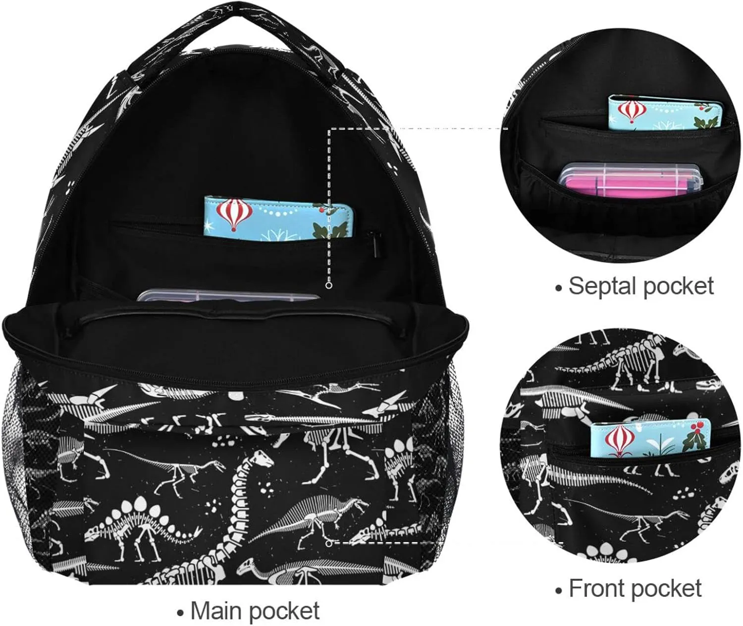 School Backpack White Dinosaur Skeleton Black Bookbag Travel Ruckack One_Size