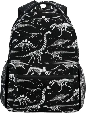 School Backpack White Dinosaur Skeleton Black Bookbag Travel Ruckack One_Size