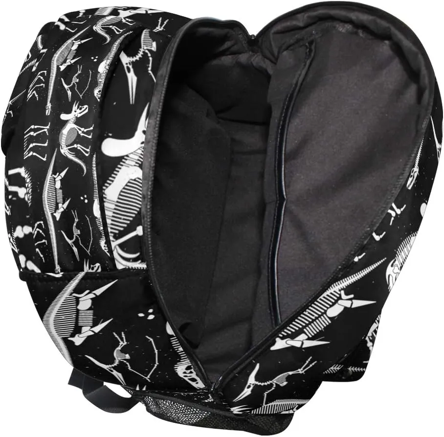 School Backpack White Dinosaur Skeleton Black Bookbag Travel Ruckack One_Size
