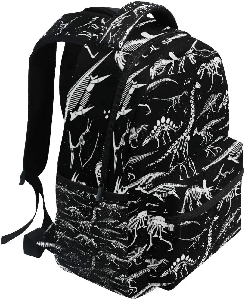 School Backpack White Dinosaur Skeleton Black Bookbag Travel Ruckack One_Size