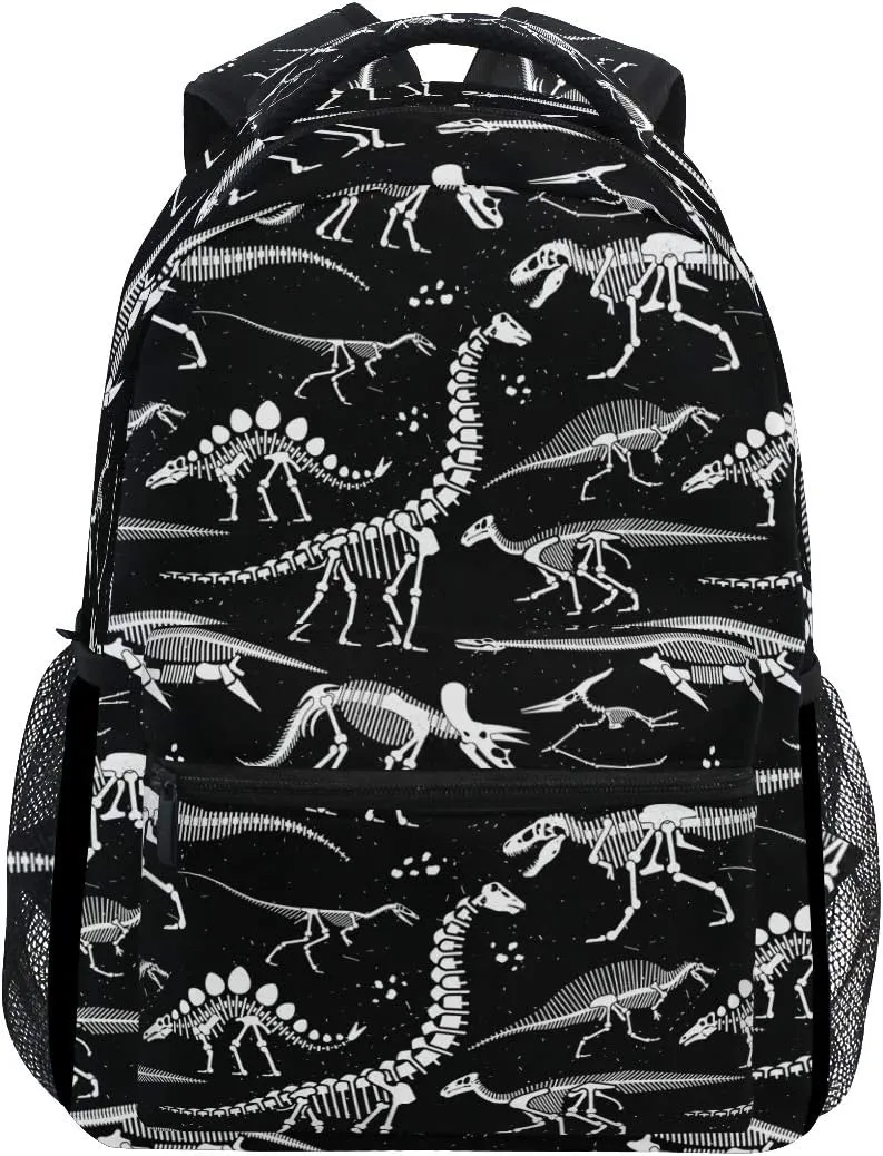 School Backpack White Dinosaur Skeleton Black Bookbag Travel Ruckack One_Size