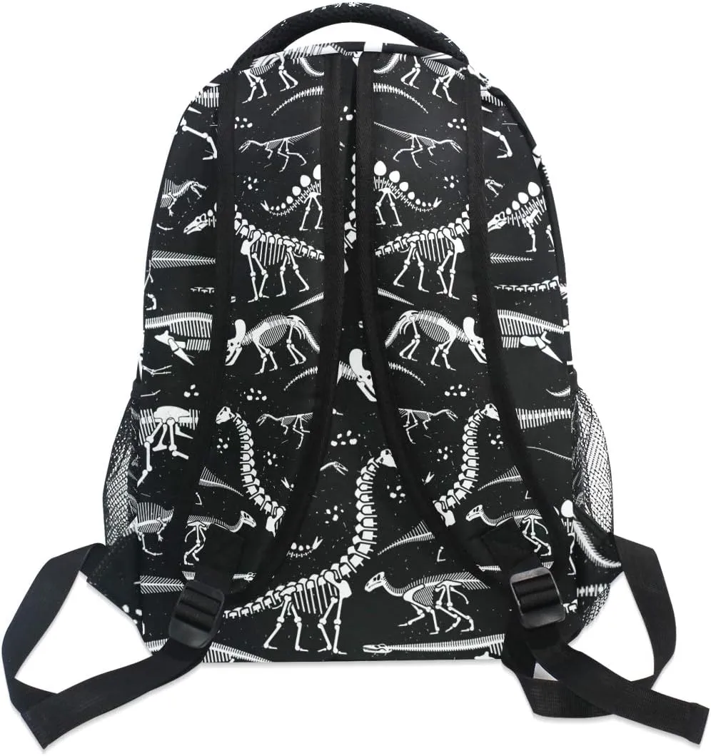 School Backpack White Dinosaur Skeleton Black Bookbag Travel Ruckack One_Size