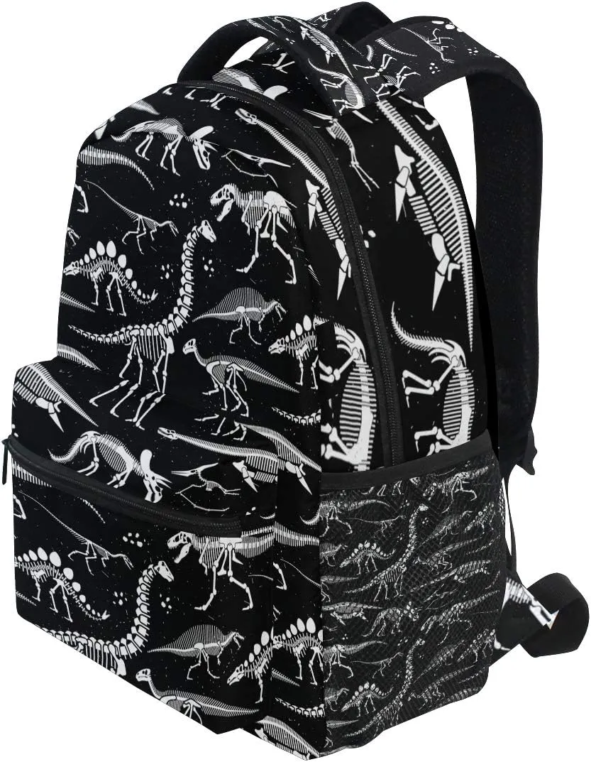 School Backpack White Dinosaur Skeleton Black Bookbag Travel Ruckack One_Size