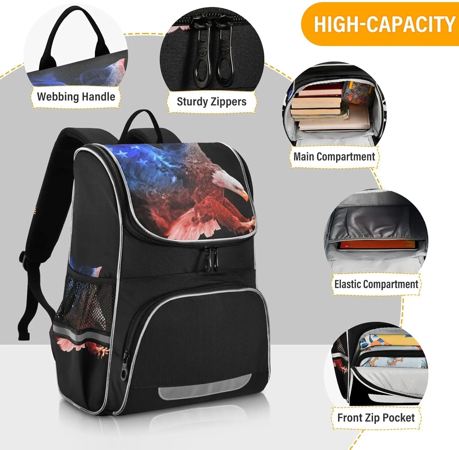 School Backpack with Chest Strap, American Flag Bald Eagle Laptop Backpack, Travel Hiking Backpack for Boys Girls, Rucksack, Knapsack
