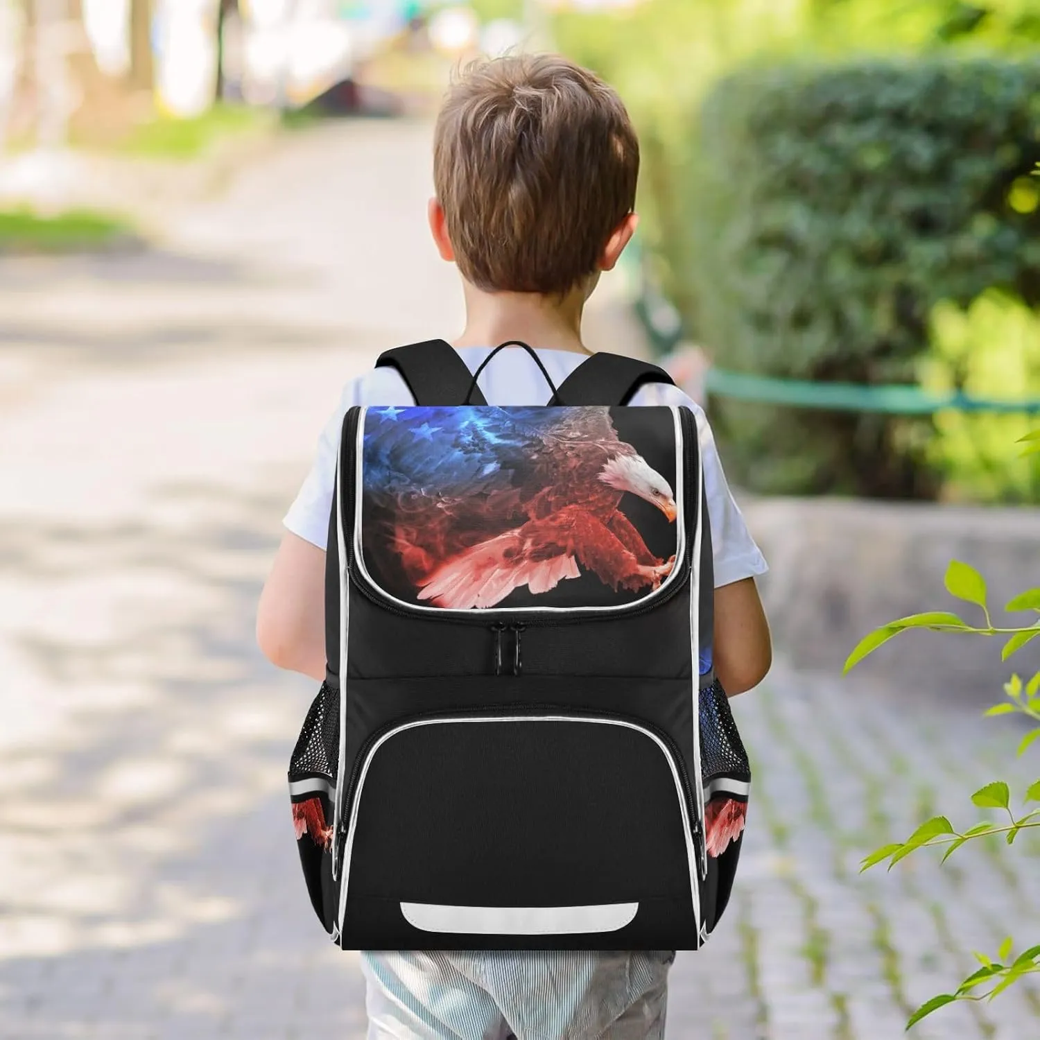 School Backpack with Chest Strap, American Flag Bald Eagle Laptop Backpack, Travel Hiking Backpack for Boys Girls, Rucksack, Knapsack