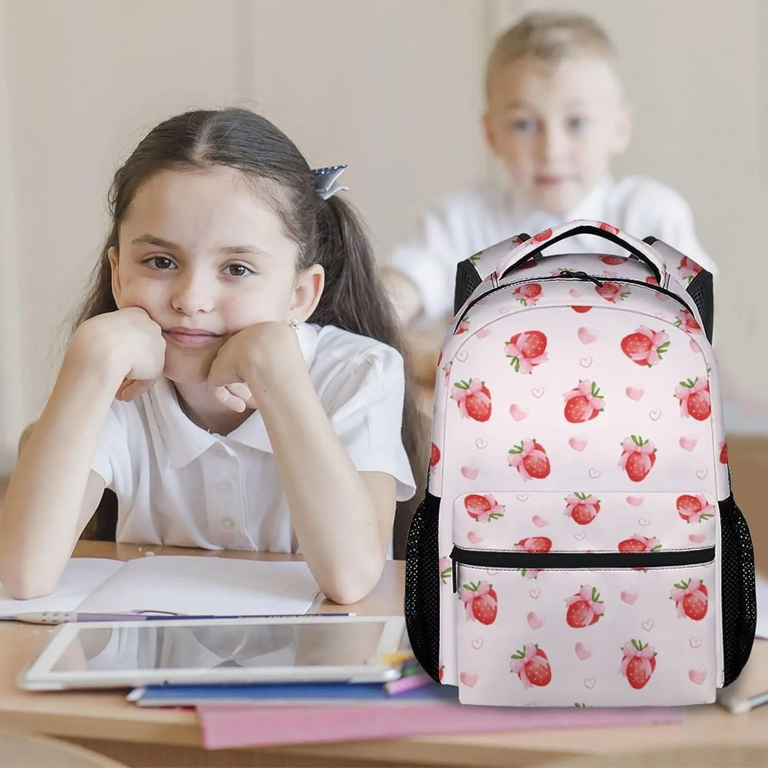 School Bag for Girls - Pink Durable Aesthetic Kid Backpack - 17 Inch Large Capacity Strawberry Bookbag for School, Travel and Camp