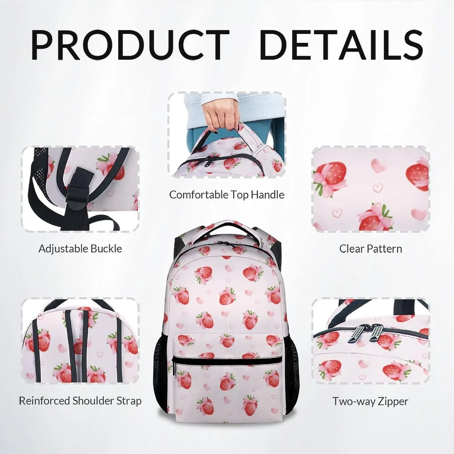 School Bag for Girls - Pink Durable Aesthetic Kid Backpack - 17 Inch Large Capacity Strawberry Bookbag for School, Travel and Camp