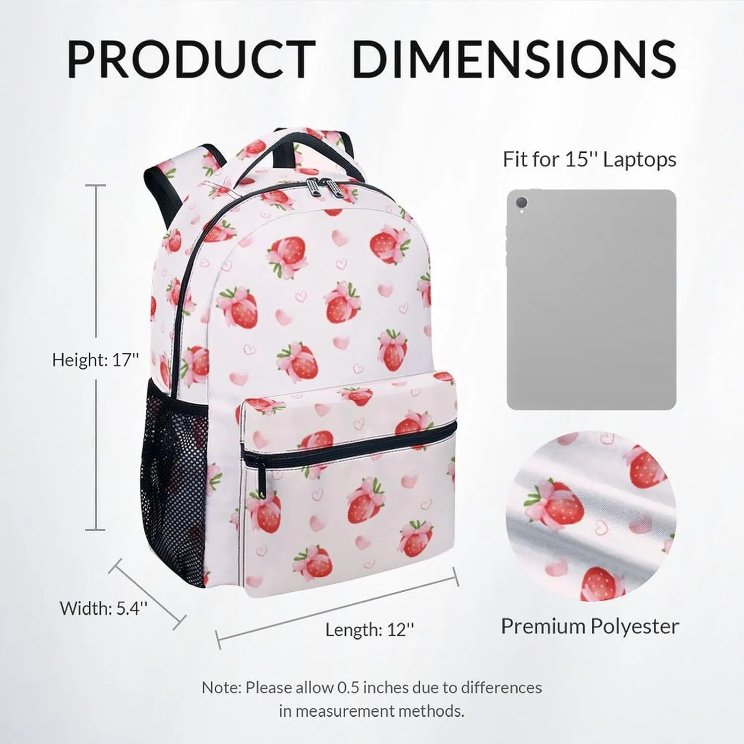 School Bag for Girls - Pink Durable Aesthetic Kid Backpack - 17 Inch Large Capacity Strawberry Bookbag for School, Travel and Camp