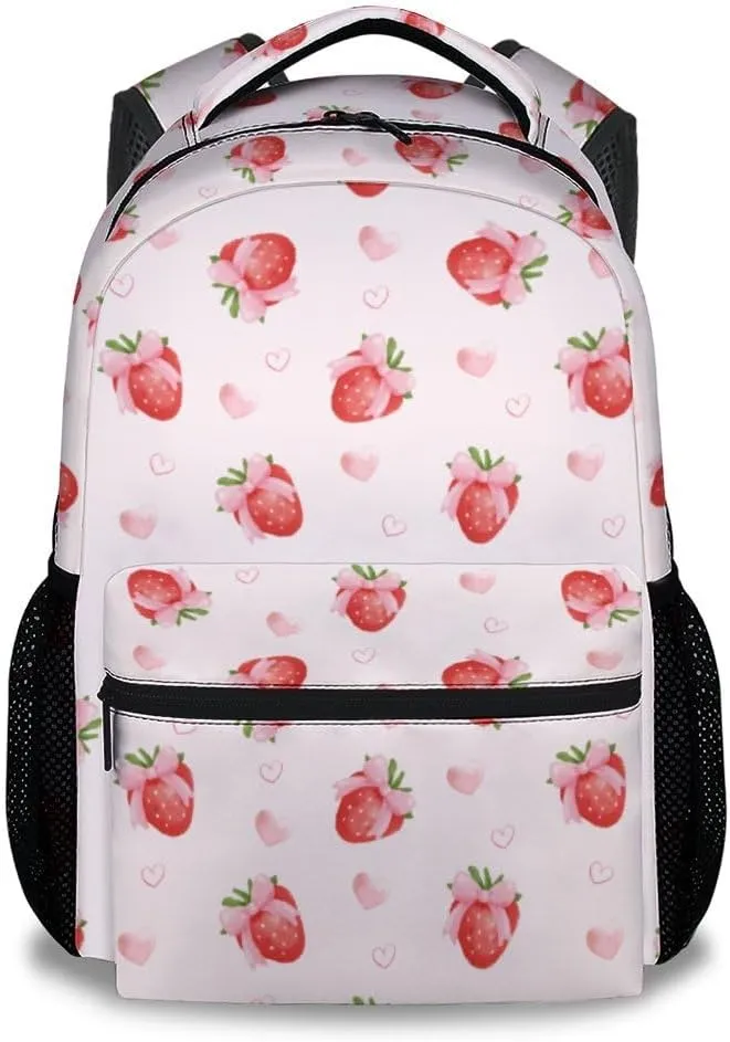 School Bag for Girls - Pink Durable Aesthetic Kid Backpack - 17 Inch Large Capacity Strawberry Bookbag for School, Travel and Camp