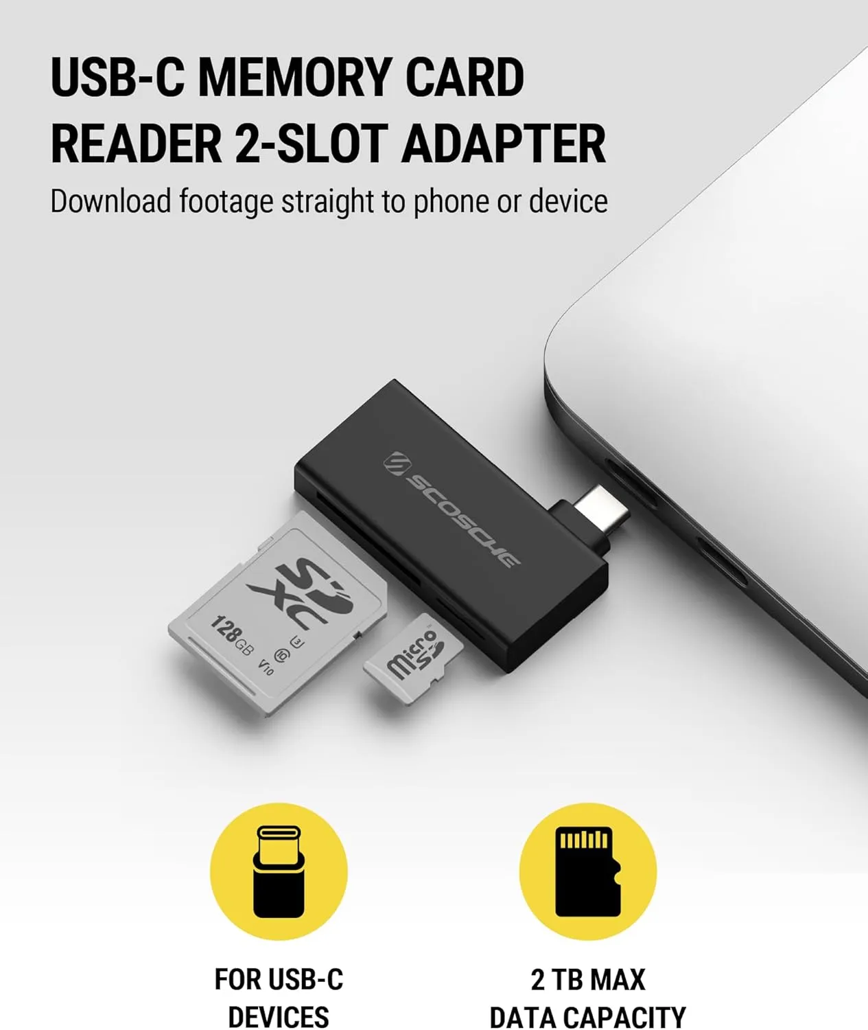 Scosche MCRA2 Dual Slot Memory Card Adapter for SD/Micro SD, SDHC, SDXC and RS-MMC Cards, 2-in-1 High Speed USB-C Card Reader for iPhone 16, Android, iPad, MacBook, Dash Camera, Computer and More