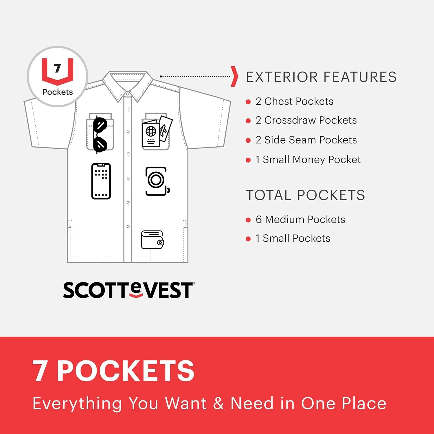 SCOTTeVEST Docksider Shirt for Men - 7 Hidden Pockets - Lightweight Casual Button Down T-Shirt for Travel & More