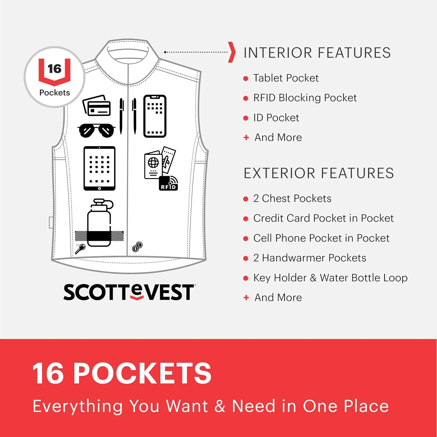 SCOTTeVEST LightEST Vest for Women - 16 Hidden Pockets - Lightweight Water Repellent for Travel & More