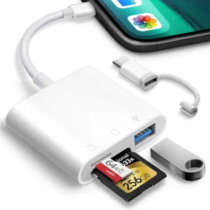 SD Card Reader for iPhone iPad Trail Camera Viewer 3-in-1 SD Adapter with Dual Slots & USB Port, Memory Card Adapter Dual-connector Design with Lightening&USB-C for Photographers, Plug & Play