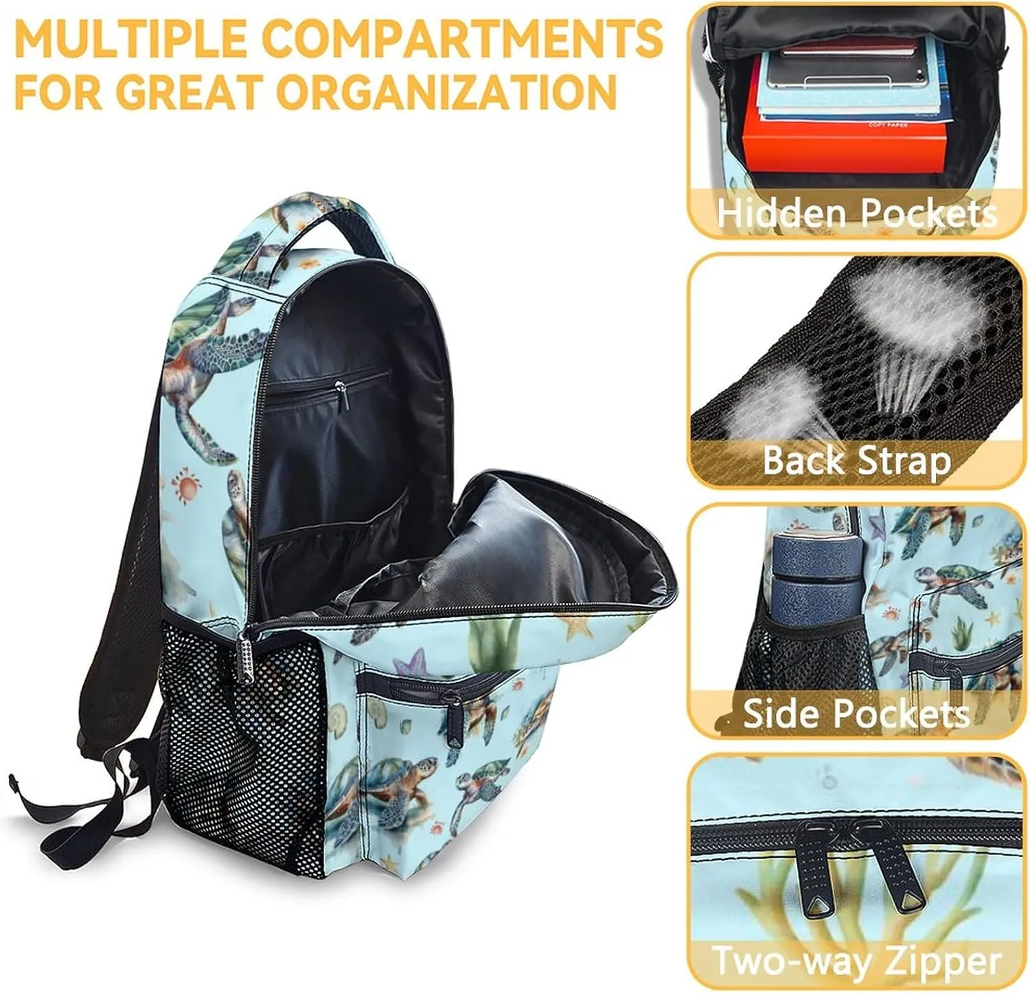 Sea Turtle Backpack for Girls - 16 Inch Blue Backpacks for School - Cute Lightweight Bookbag for Kids