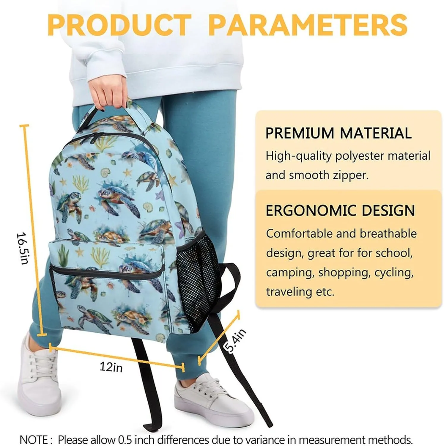 Sea Turtle Backpack for Girls - 16 Inch Blue Backpacks for School - Cute Lightweight Bookbag for Kids