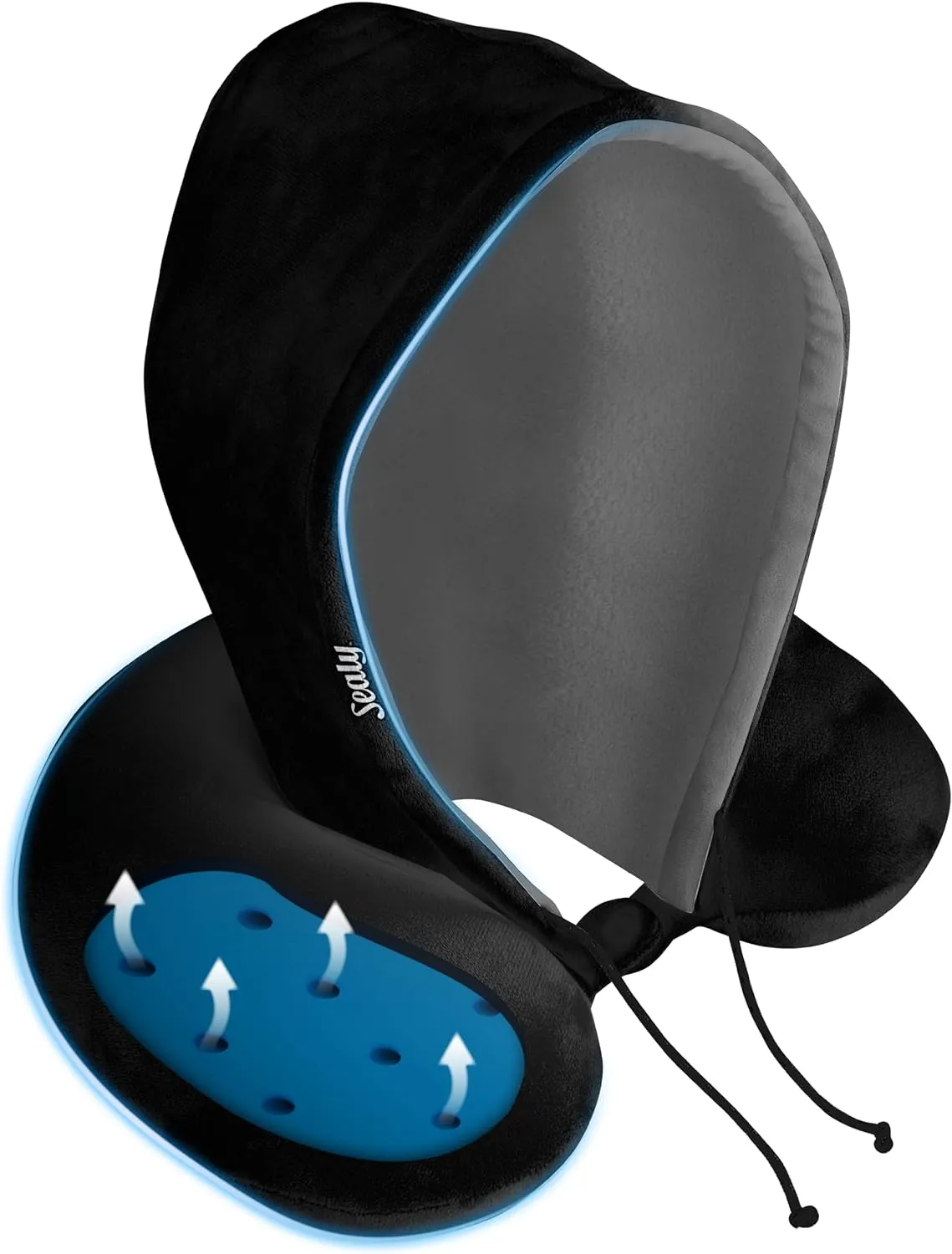 Sealy, Infused-Gel Hooded Travel Pillow with Airflow Memory Foam, Tailored Just for You with Contoured Support, The Ultimate Rest for Flights, Rides, and Your Home, Blocks Cold Drafts, Black