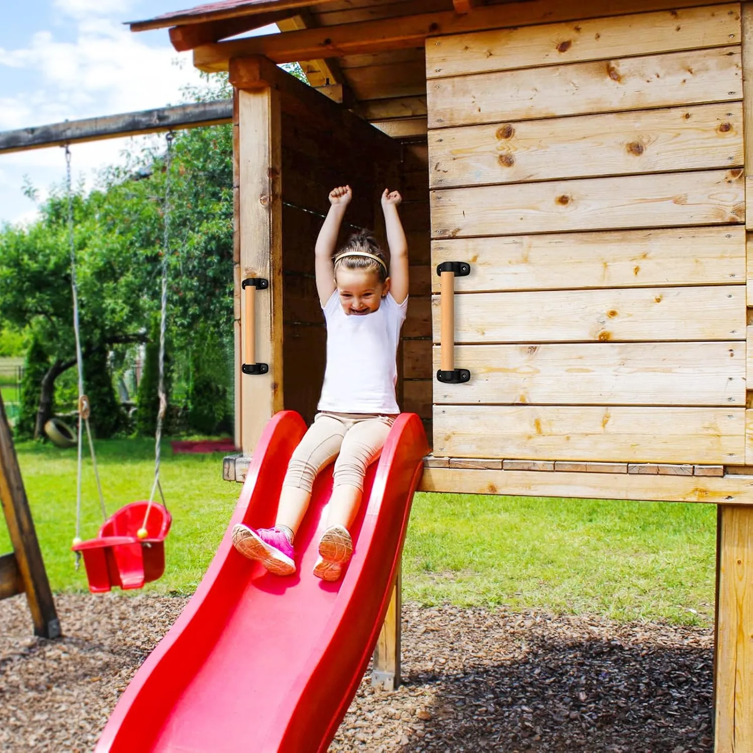 SELEWARE 12 inch Playground Safety Handle Wood Kids Playground Grab Handles Grip Handle Handrail Playset Handles for Playhouse, Treehouse, Solid Beech Wood with Plastic Brackets for Indoor Outdoor use