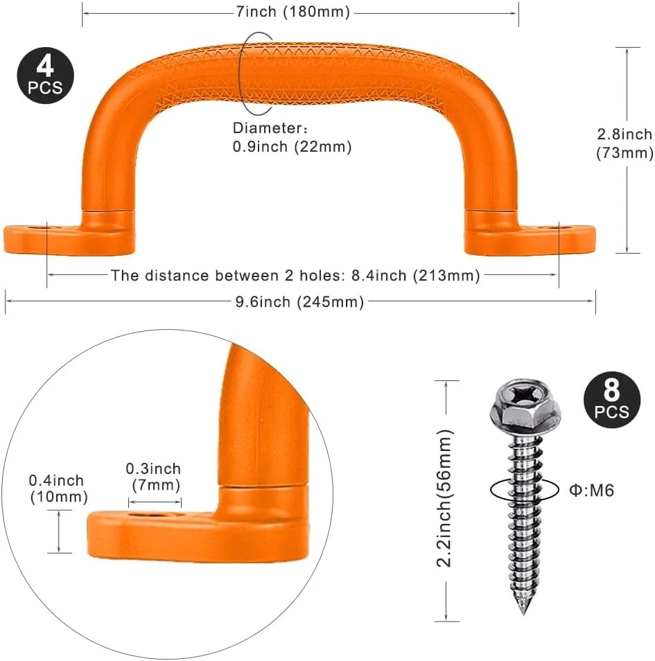 SELEWARE Orange Playground Safety Handles, Non-Slip Plastic Kids Playground Grab Handles, Durable Indoor Outdoor Playset Handles for Playhouse, Treehouse, Climbing Frame, Jungle Gym, Swing Set, 4 Pack