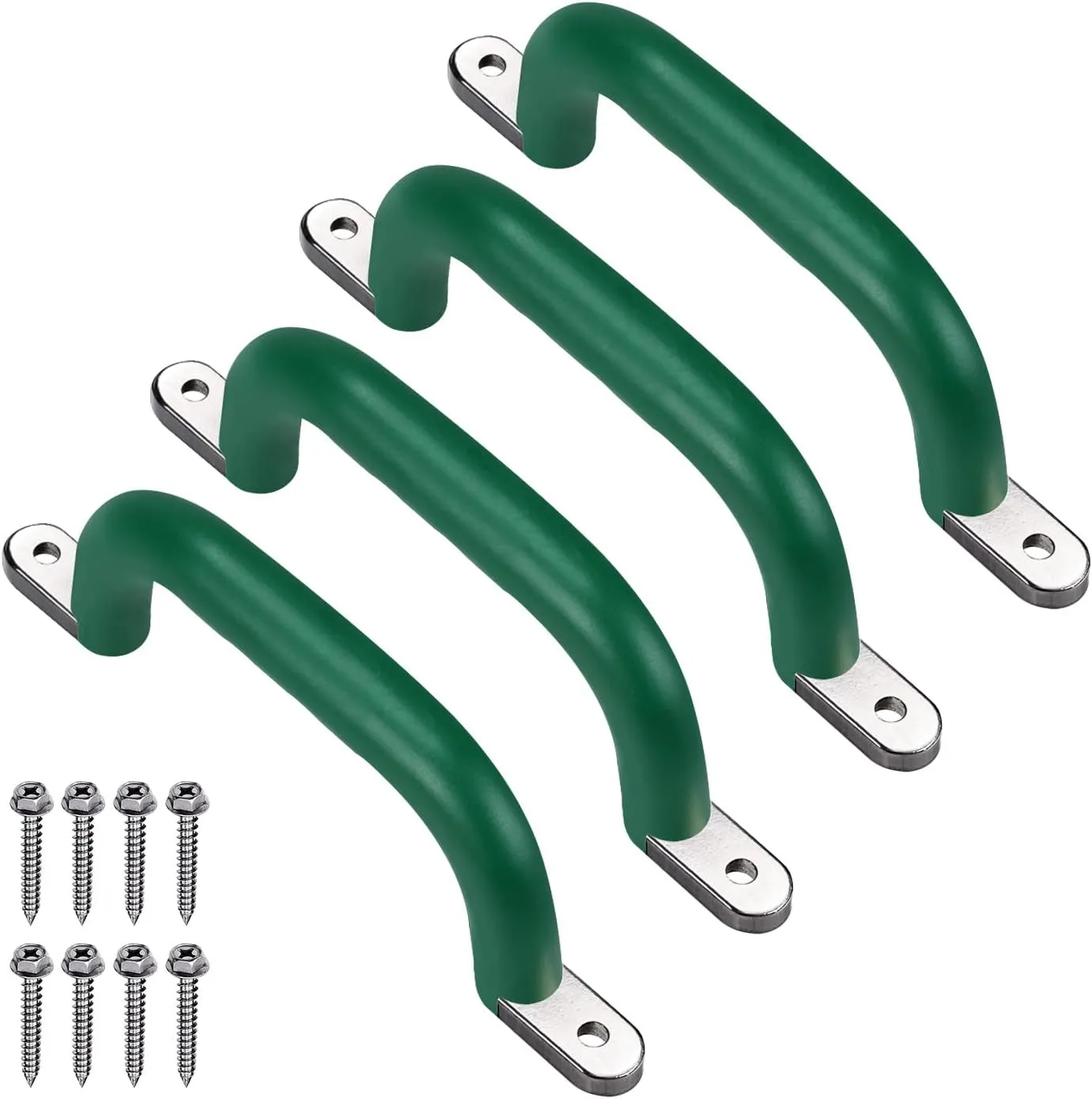 SELEWARE Set of 4 Safety Playground Handles, Metal Grab Bars with Finger Indentations for Kids Swing Set, Playset, Climbing Frame, Play House Handles, 400lbs Capacity, Green