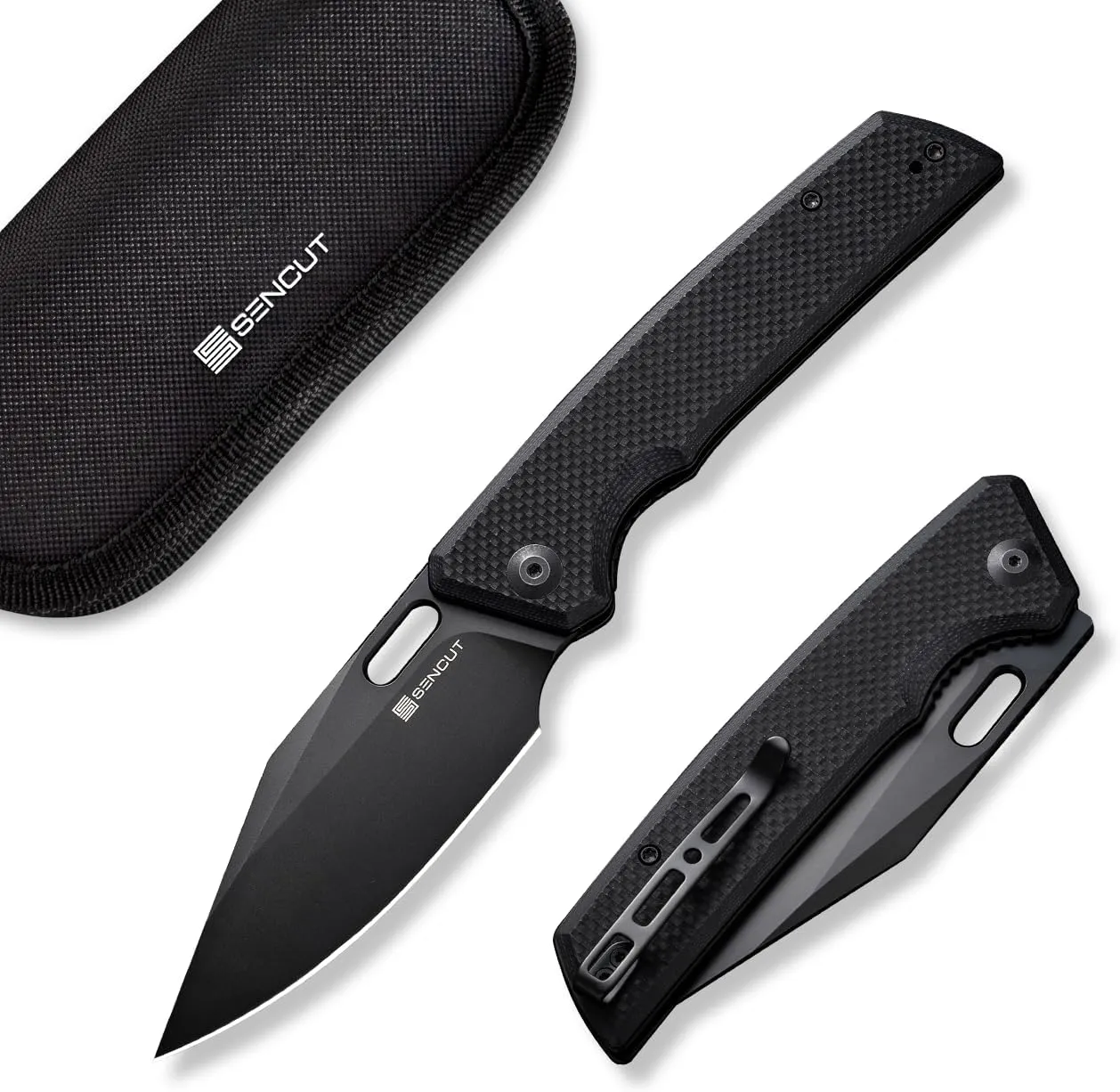 SENCUT GlideStrike Pocket Knife for EDC, Folding knife with Thumb Hole Openning, Textural Coarse G10 Handle with Deep Pocket Clip, Ideal Gift for Men Women S23018-1 (Double Black)