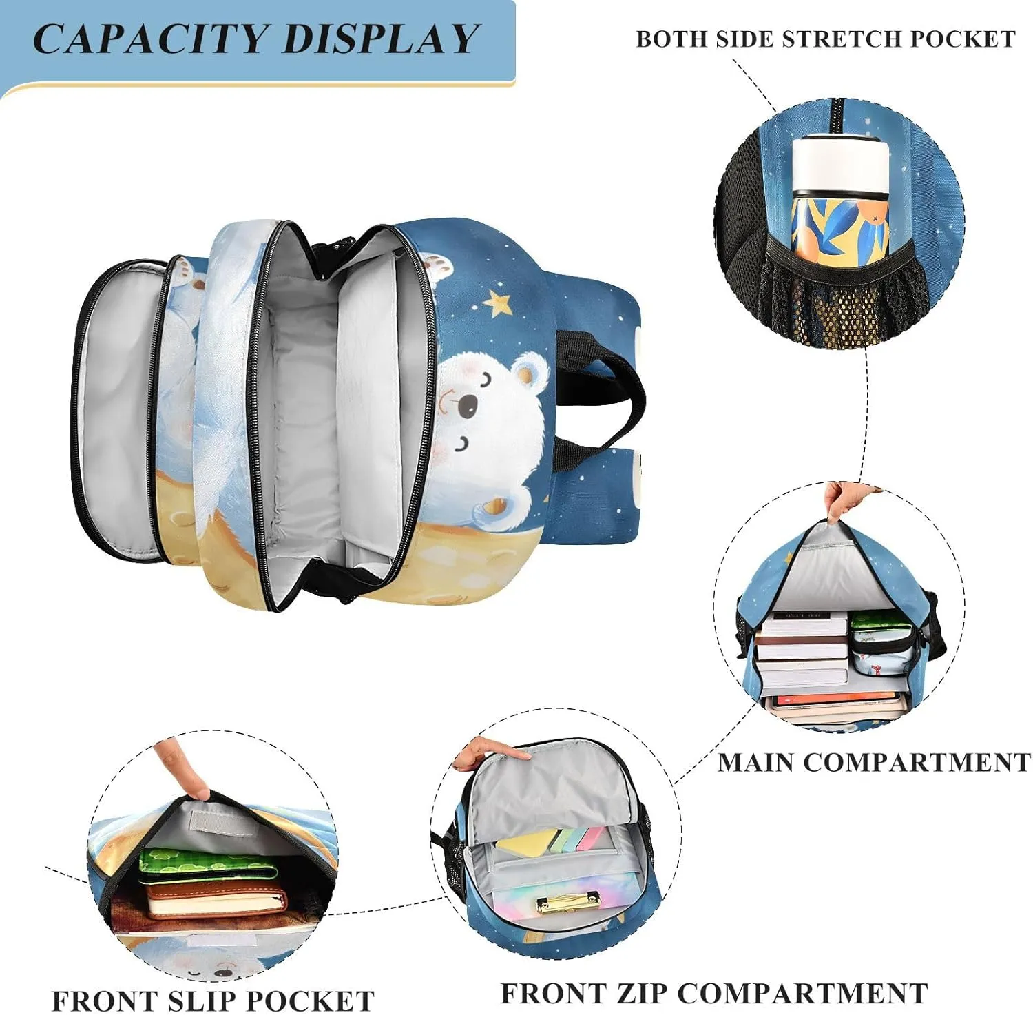 senya School Backpack Kids College Rucksack Travel Bookbag Fashion Back Pack Girls Boys Bear Lies Moon