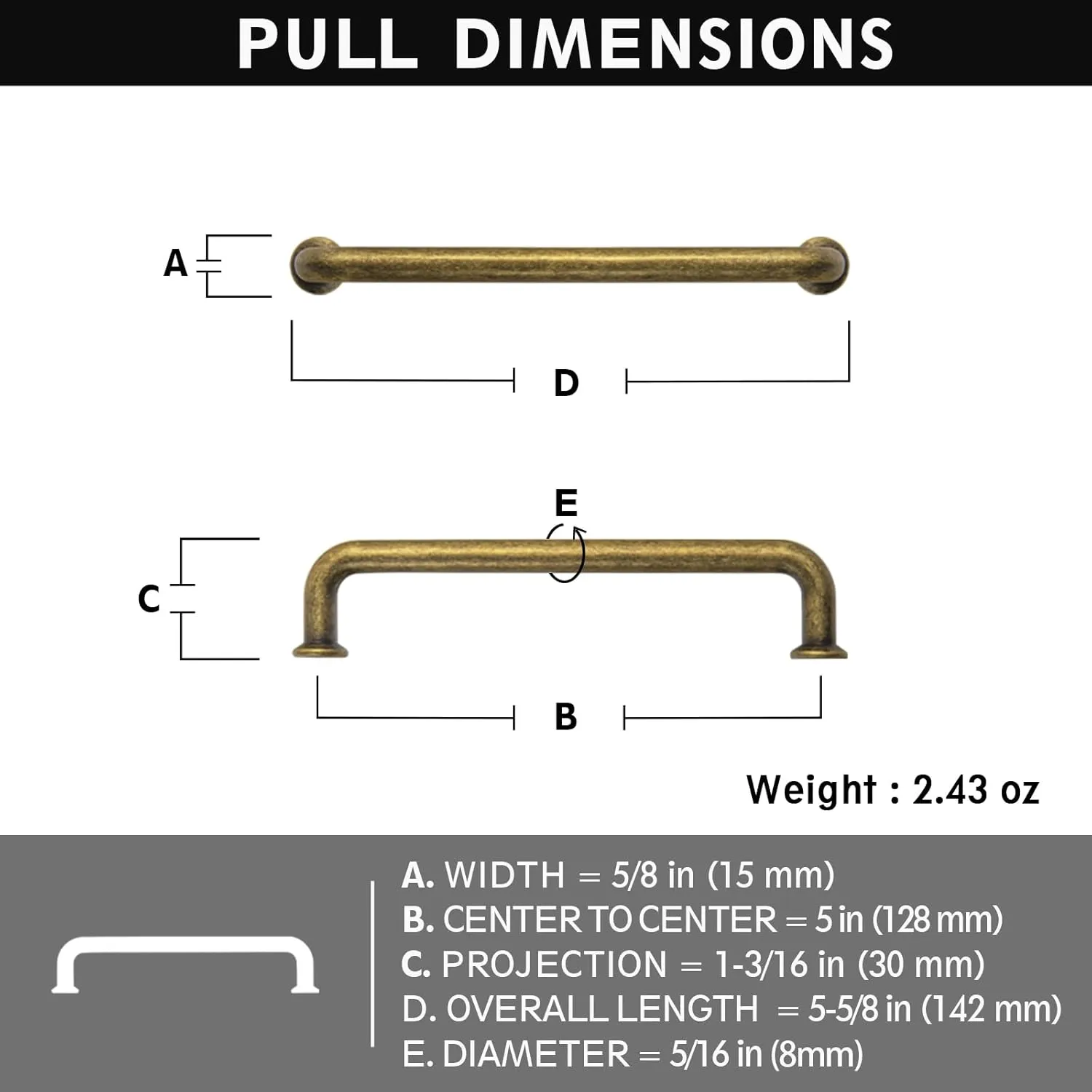 Set of 12 -Sleek 5" Center to Center Antique Brass Cabinet Handles - Retro and Minimalist Hardware for Stylish Home Enhancement