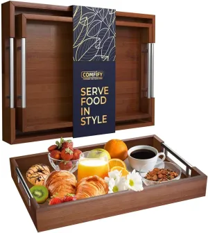 Set of 2 Decorative Serving Trays - Bamboo   Silver Stainless Steel Handles - Coffee Table or Ottoman Tray for Breakfast in Bed Jewelry, Decor Organization - 12"x17" - Stained Brown Finish