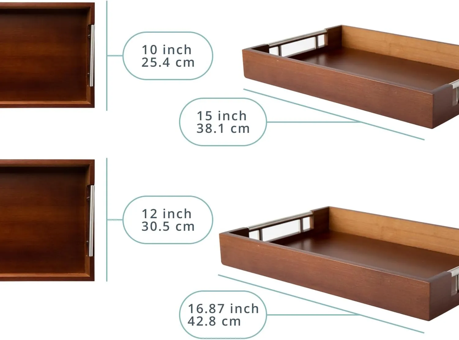 Set of 2 Decorative Serving Trays - Bamboo   Silver Stainless Steel Handles - Coffee Table or Ottoman Tray for Breakfast in Bed Jewelry, Decor Organization - 12"x17" - Stained Brown Finish