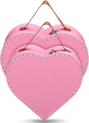 Set of 2 Valentine‘s Day Heart Paper Suitcases Pink Heart Paperboard Suitcases with Handles Decorative Cardboard Storage Boxes Suitcase Favor Candy Gift Boxes