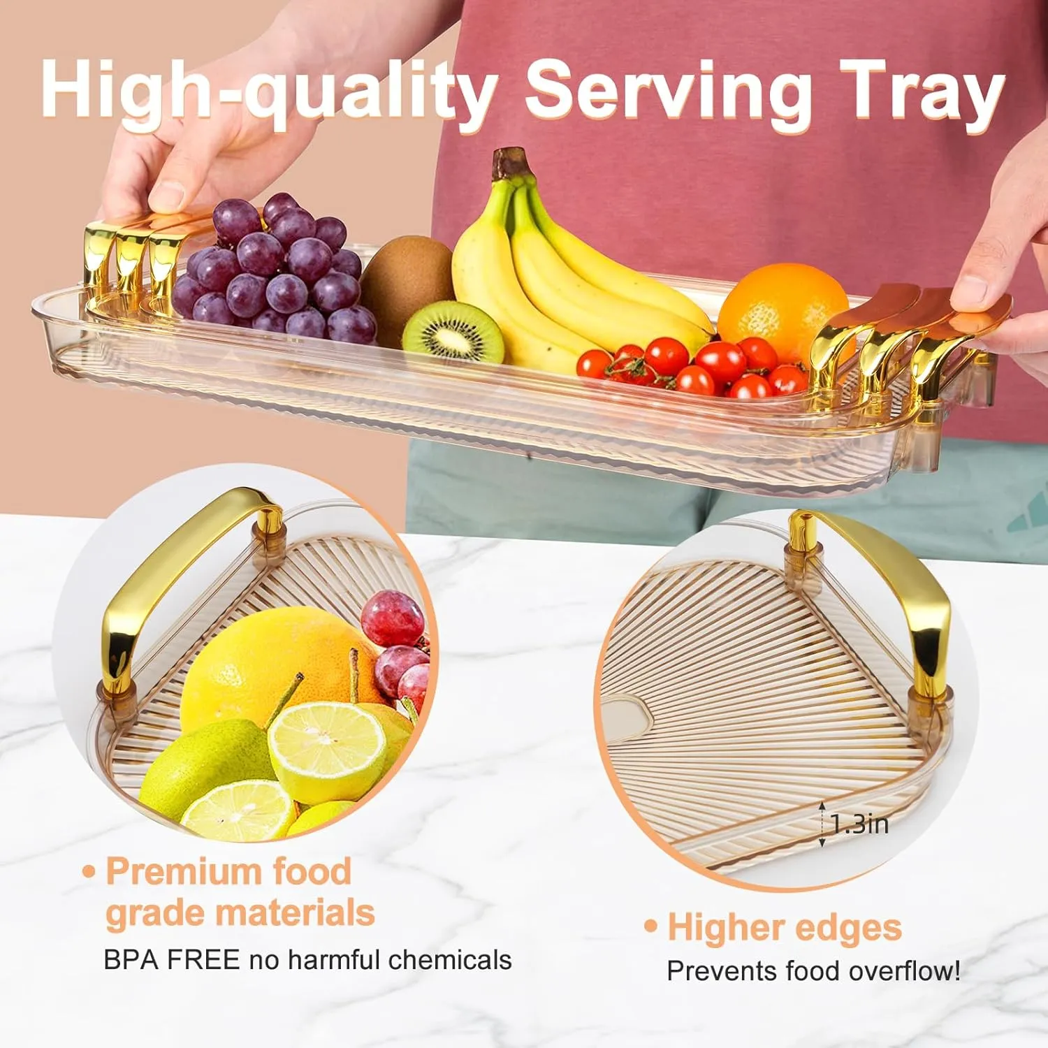 Set of 3 Serving Platters with Handles 16.5/15/13.2 Inch Reusable Large Serving Trays, Party Food Tray, Rectangular Dinner Plates for Cookie, Cake, Turkey, Cheese, Fruit, Snack(Amber)