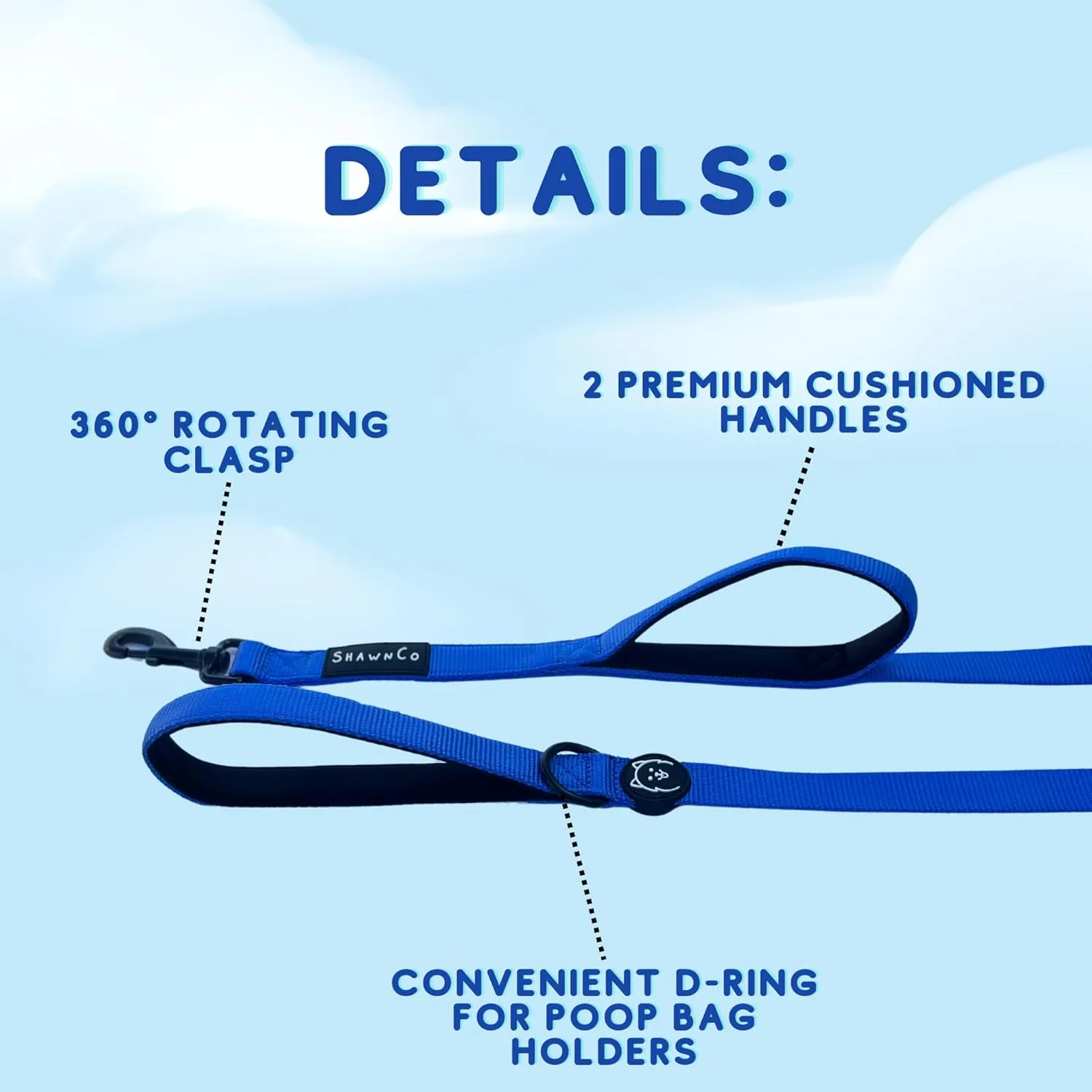 ShawnCo Dream Walk Dog Leash- Premium, Nylon Pet Leash with Soft Neoprene Handle for Small, Medium and Large Dogs (Pacific Blue, M/L 6FT w/ 2 Handles)