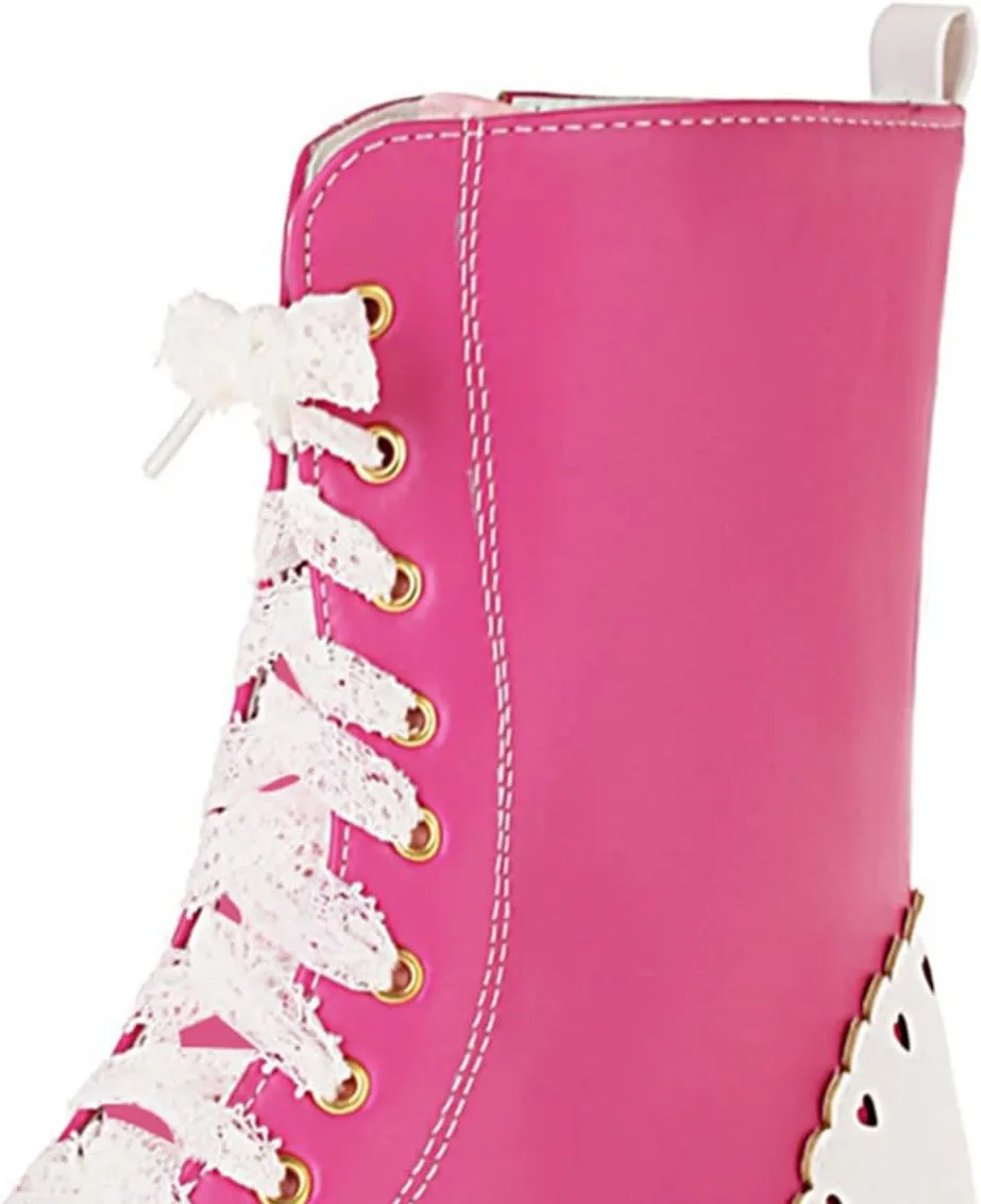 SHEMEE Women's Sweet Cute Platform Hidden Wedge Ankle Boots Lace Up High Heels Round Toe Booties Side Zip Kawaii Shoes