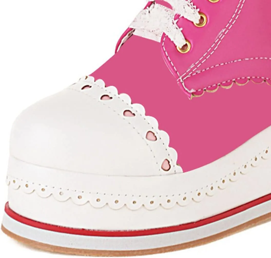 SHEMEE Women's Sweet Cute Platform Hidden Wedge Ankle Boots Lace Up High Heels Round Toe Booties Side Zip Kawaii Shoes
