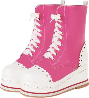 SHEMEE Women's Sweet Cute Platform Hidden Wedge Ankle Boots Lace Up High Heels Round Toe Booties Side Zip Kawaii Shoes